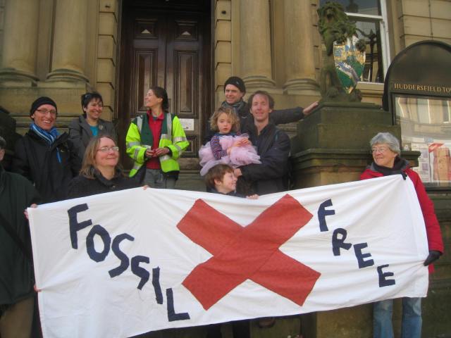 Fossil Free Kirklees supporters outside Huddersfield Town Hall